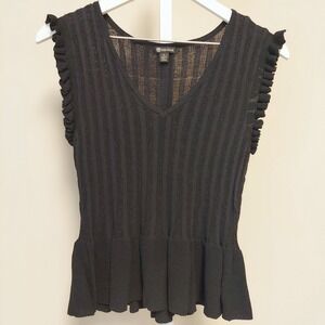 Versona Womens Black Ribbed Knit Peplum Top V-Neck Ruffle L Whimsigoth Coquette